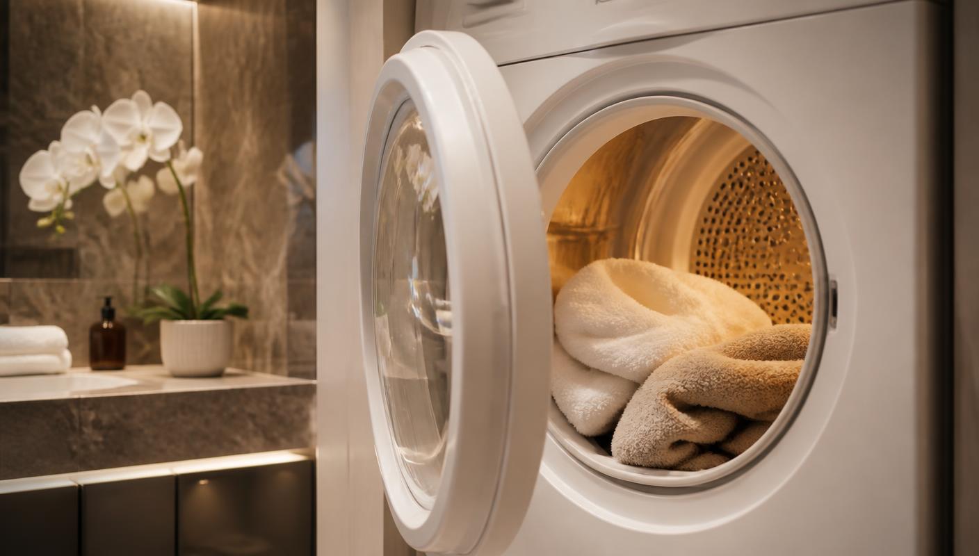 A modern tumble dryer with soft towels inside, in a marble laundry room