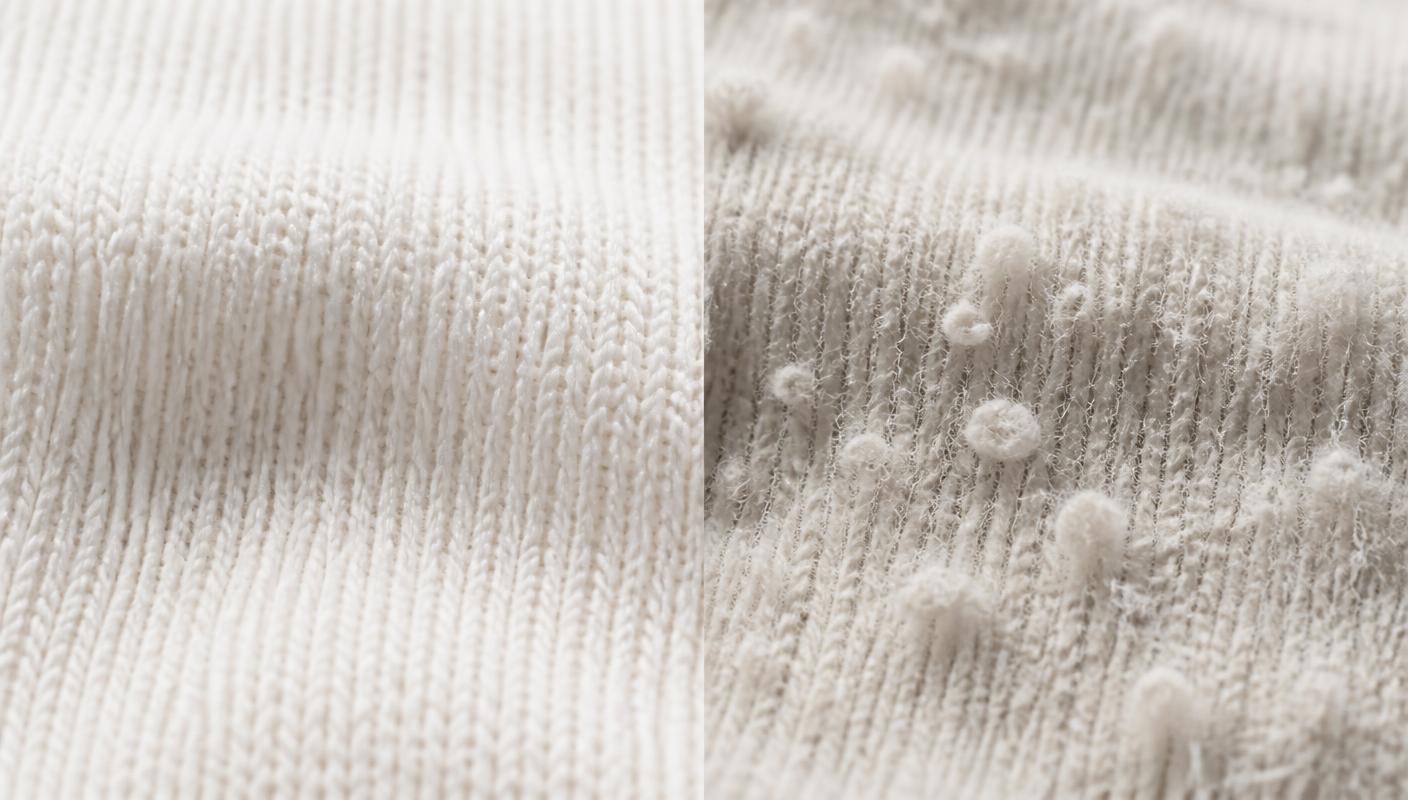 Close-up comparison of smooth pristine cotton fibres versus pilled and frayed fibres