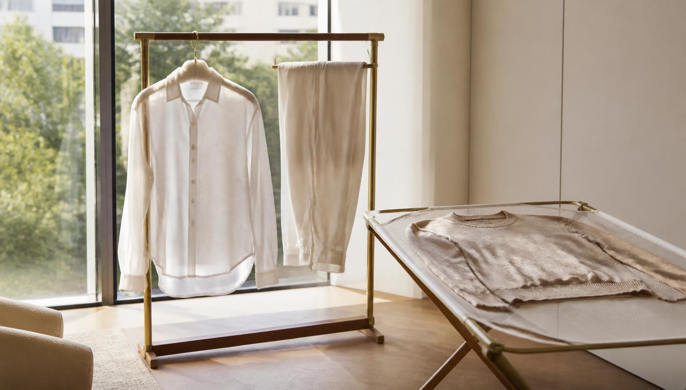 Elegant shirts air drying on a brass rack and a cashmere sweater drying flat on a mesh rack by a window