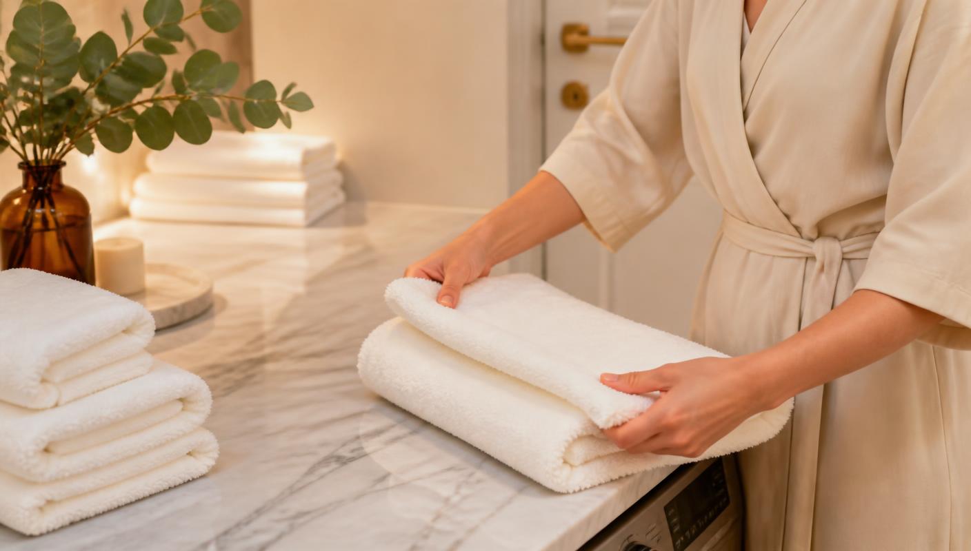 Hands folding a perfectly soft, fluffy white towel on a marble counter