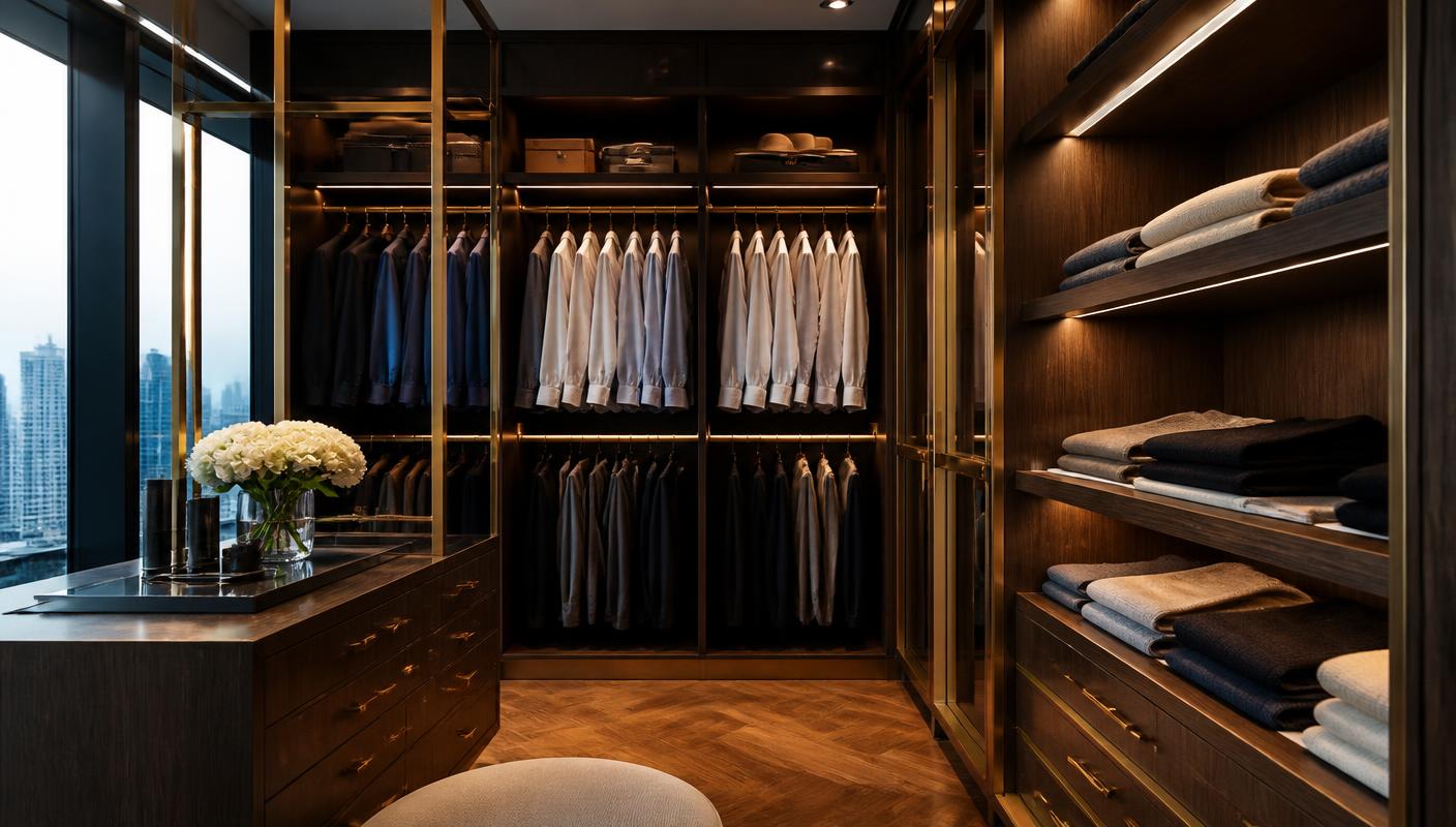 An immaculate luxury walk-in wardrobe with neatly hung shirts and folded knitwear