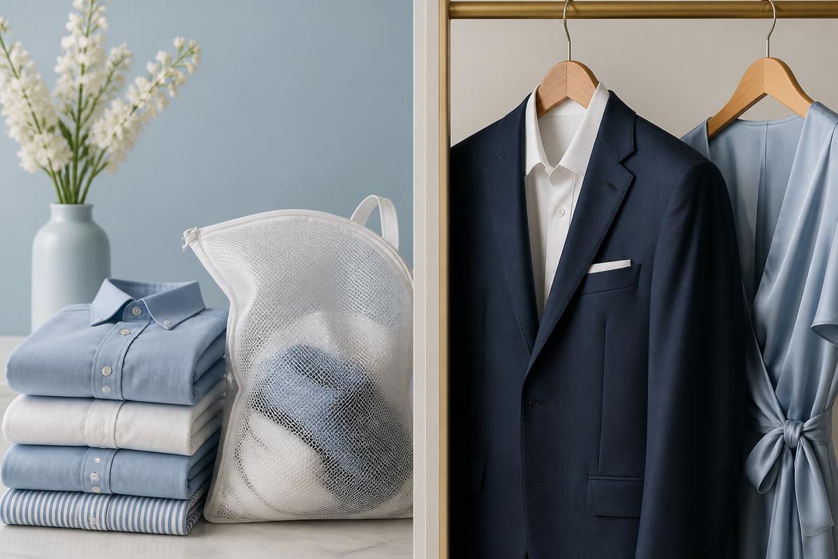 Washable cotton shirts beside a tailored suit and silk dress prepared for professional cleaning