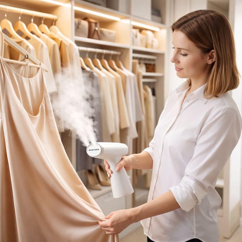 Close-up of a handheld garment steamer releasing steam onto silky beige fabric