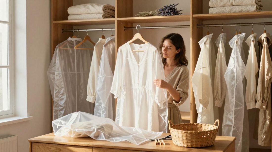 Sheer breathable garment bags hanging in a wooden wardrobe beside folded linens and a bundle of lavender