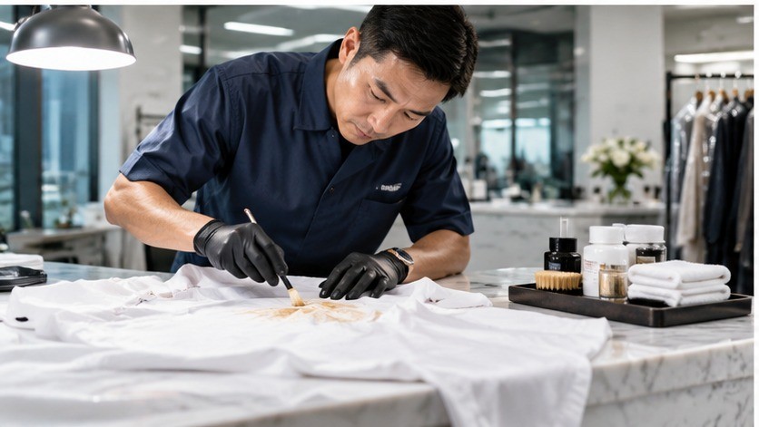 Professional technician treating a stained white garment