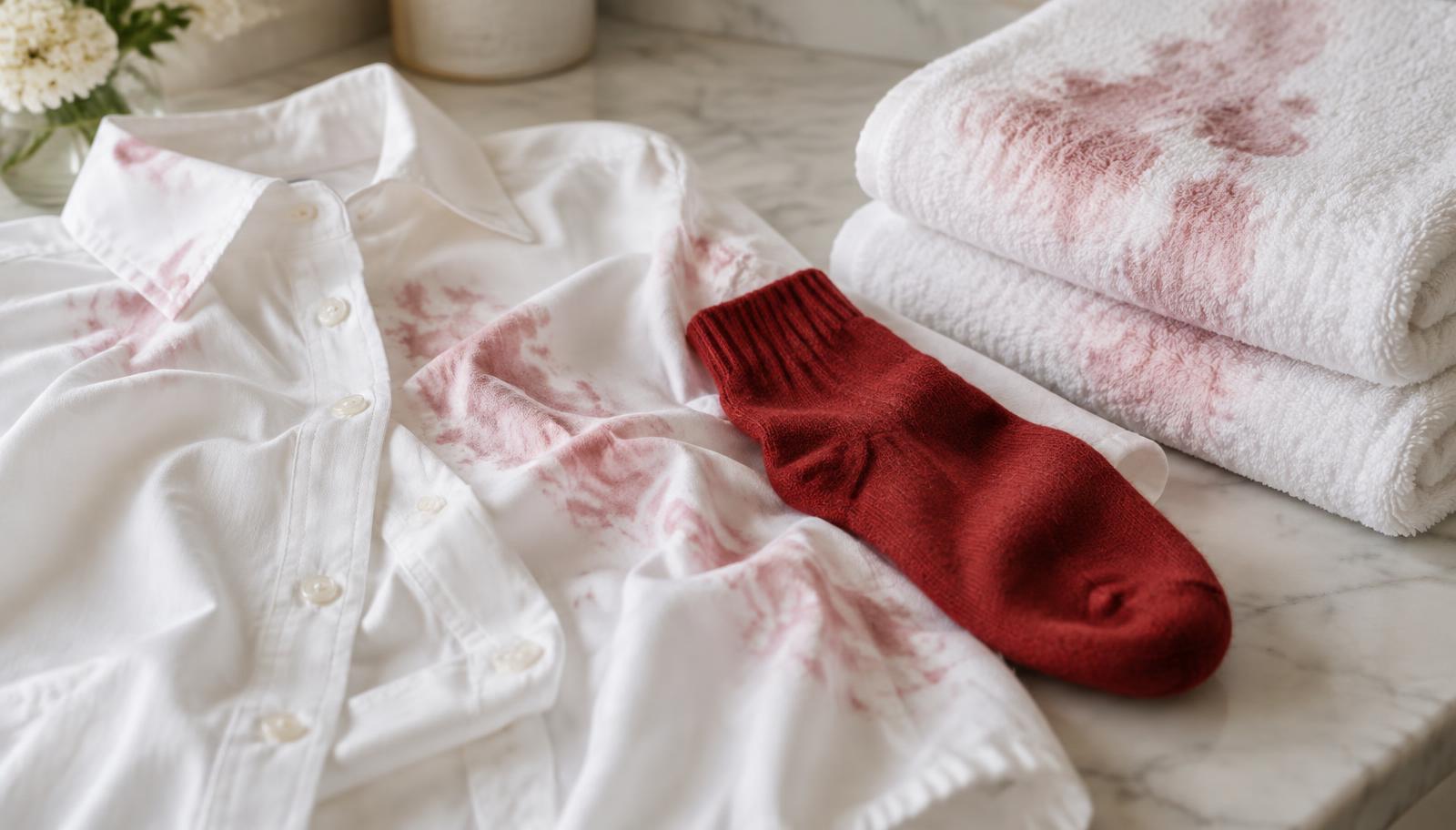 A white shirt and folded white towels tinted with pink beside a single red sock on a marble surface