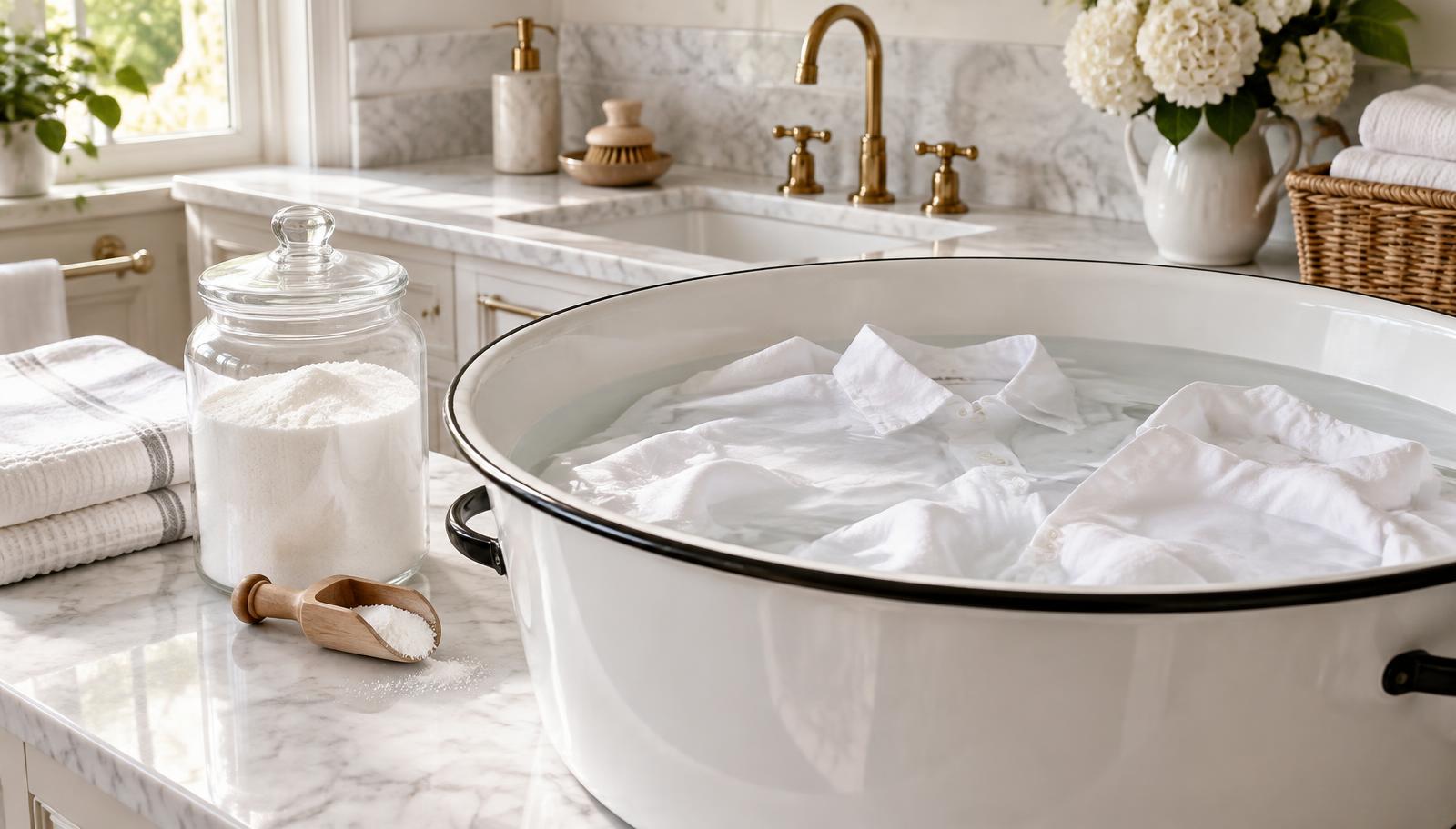 White shirts soaking in an enamel basin of clear water beside a glass jar of oxygen-based whitener and a wooden scoop