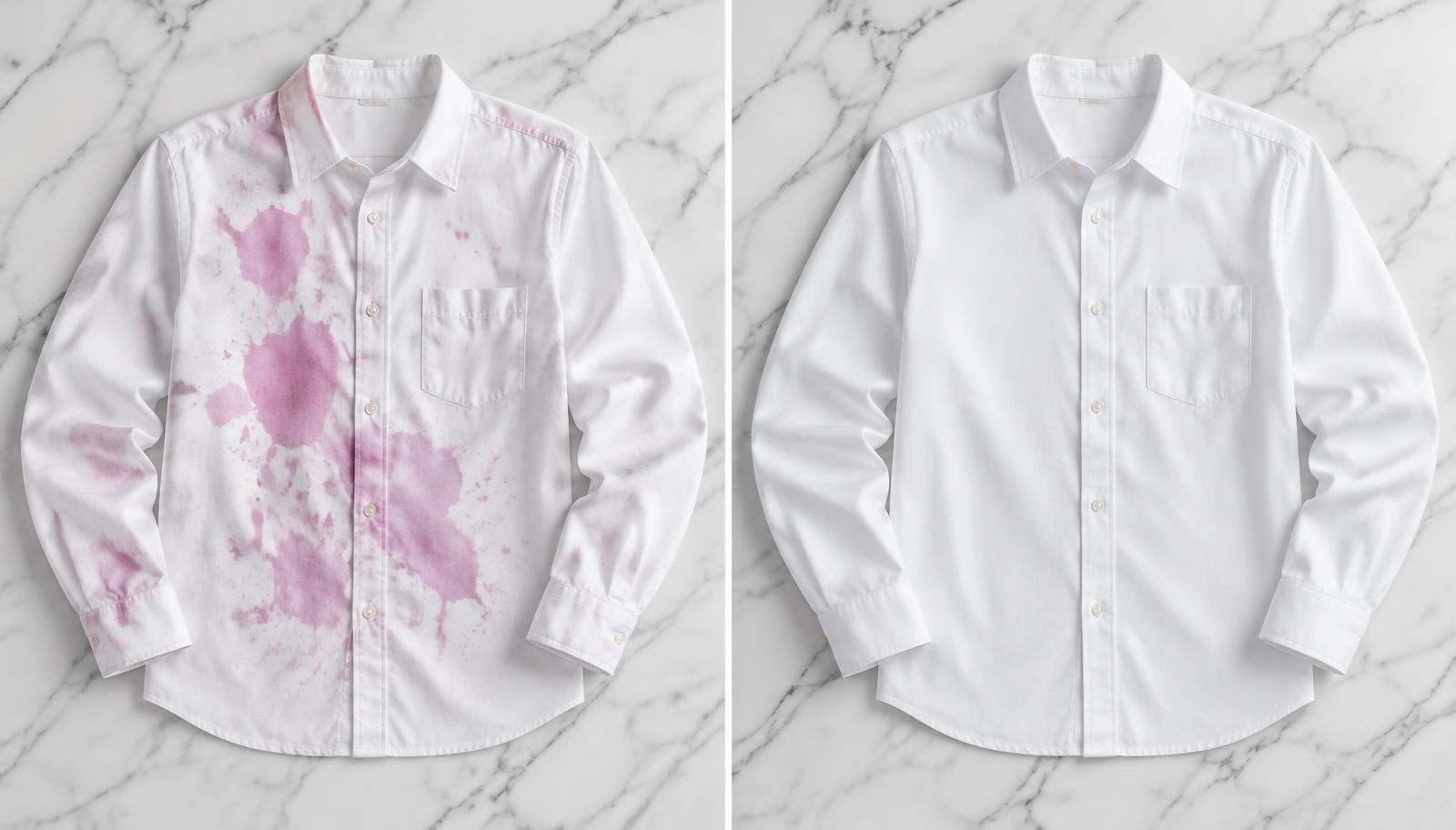 A white shirt splashed with pink dye beside the same shirt restored to pristine white on a marble surface