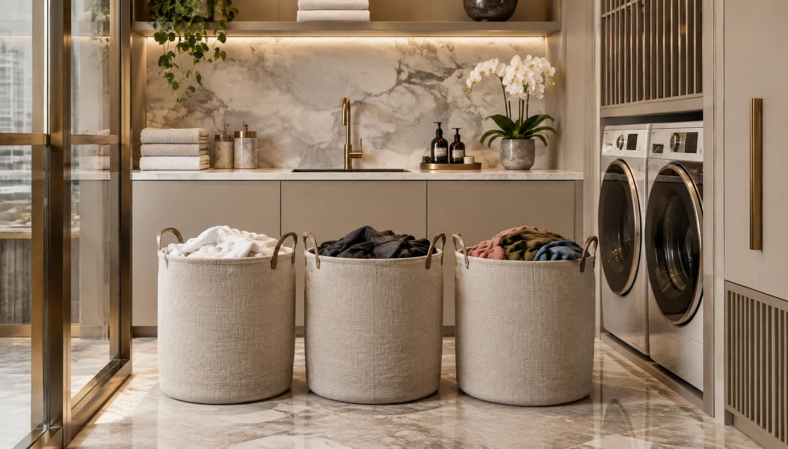 Three woven laundry baskets in a luxury laundry room, sorted into whites, darks and colours, beside a pair of washing machines