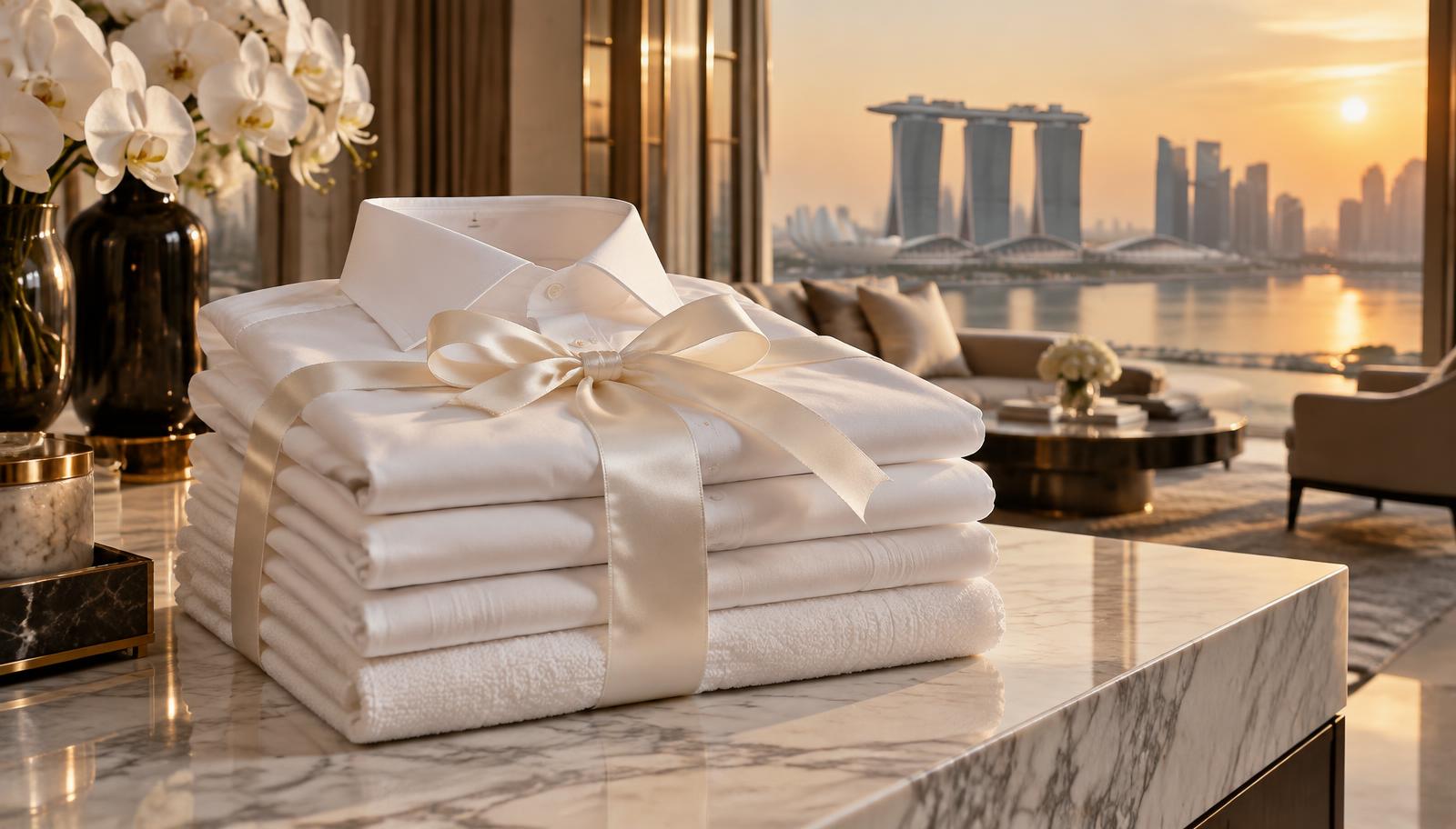 A neatly folded stack of crisp white shirts and towels tied with a satin ribbon on a marble console overlooking the Singapore skyline at sunset