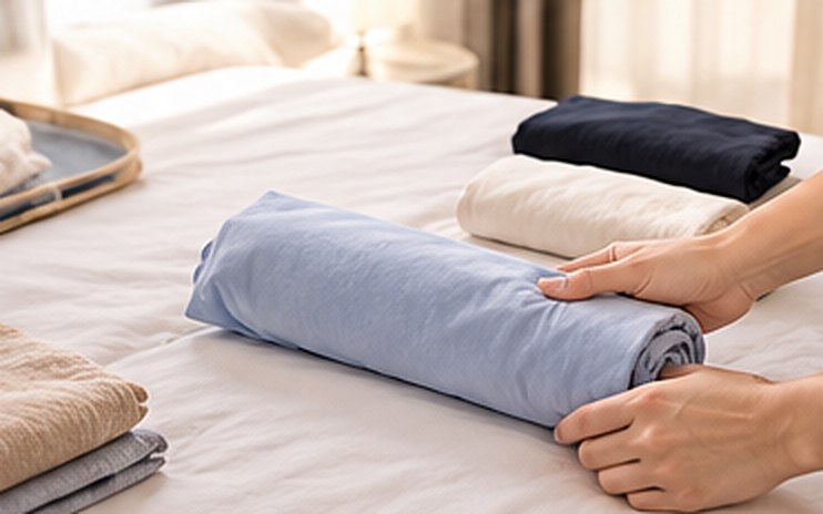 Hands rolling a light blue shirt on a white bed, with navy and cream rolls and a stack of neutral folded clothes beside it