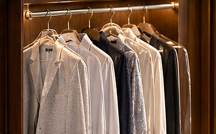 A wardrobe rail of jackets and shirts hanging in garment covers