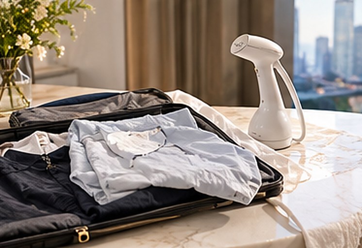 A handheld garment steamer beside an open suitcase of shirts on a marble surface in front of the city skyline