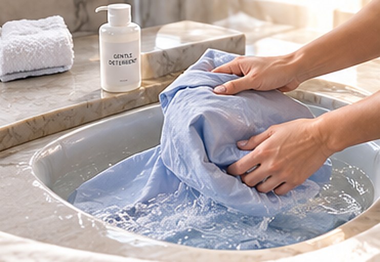 Hands gently washing a light blue shirt in a basin of water beside a bottle of gentle detergent