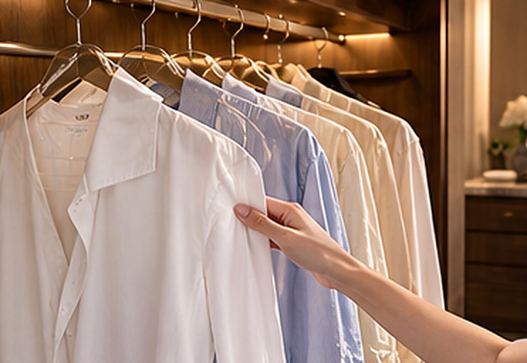 A hand touching a row of crisp white and pale blue shirts hanging in a wardrobe