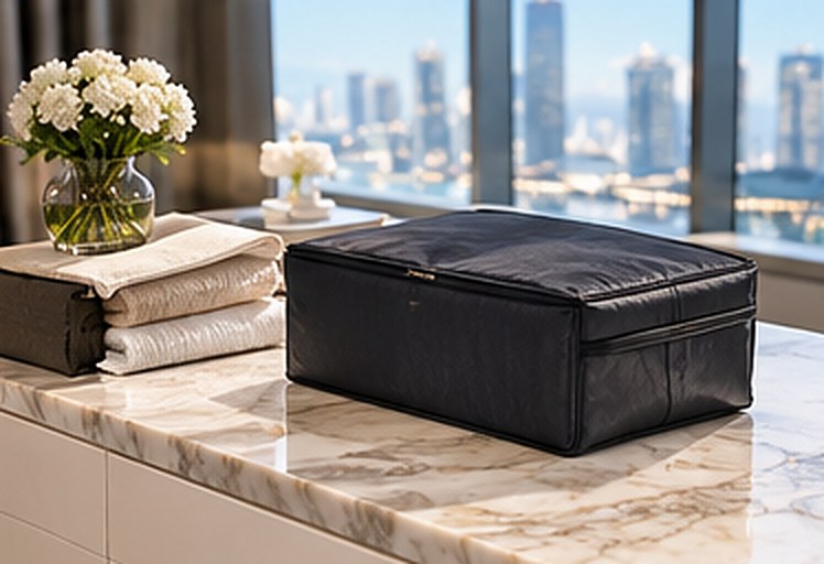 A black packing cube and folded linens on a marble counter with white flowers and the city skyline beyond