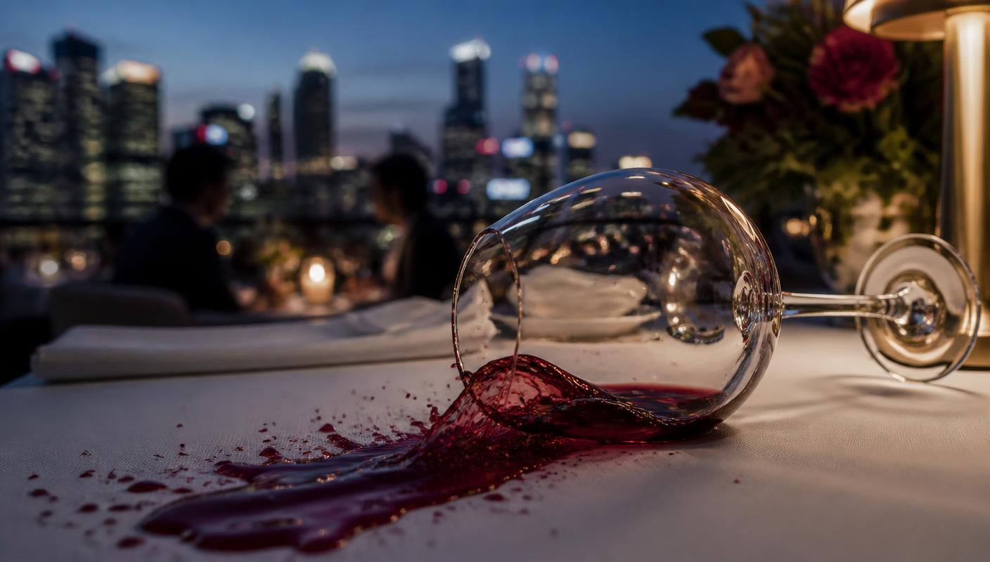 A glass of red wine spilling across a white linen tablecloth at an upscale rooftop dinner with a city skyline behind