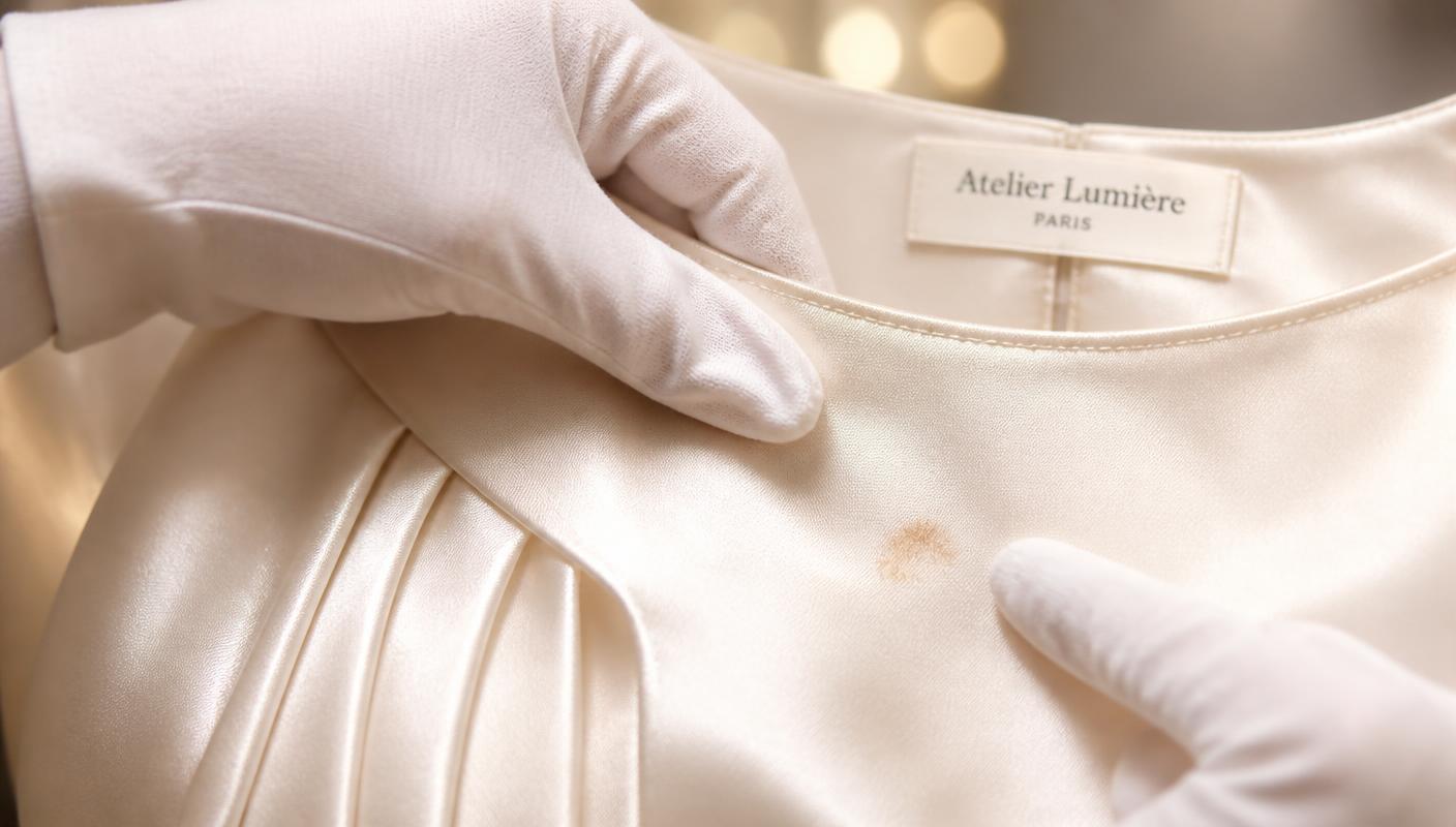 Gloved hands inspecting a small foundation mark near the neckline of a pale silk evening dress