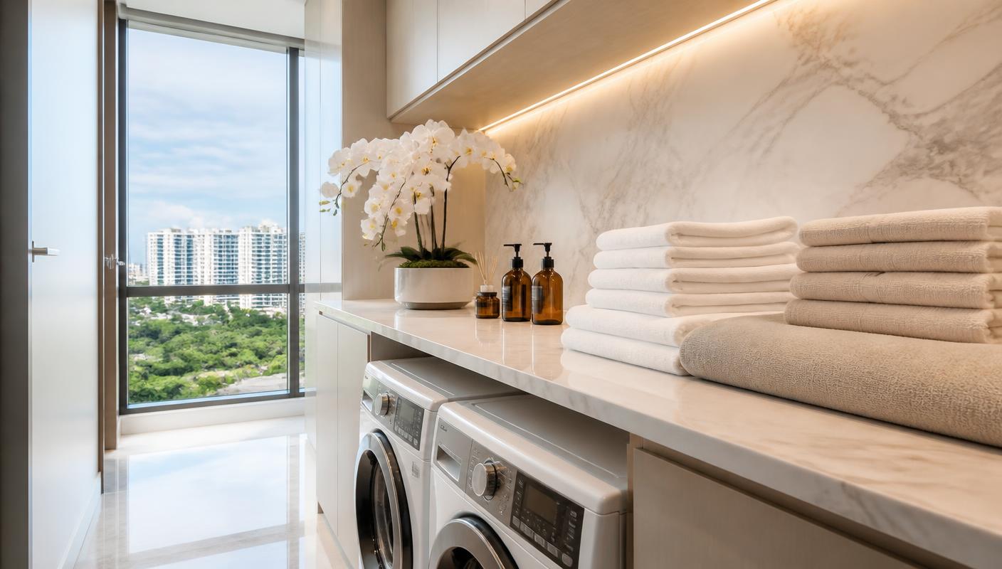 Neatly folded cotton and linen clothing on a marble counter in a bright luxury laundry room