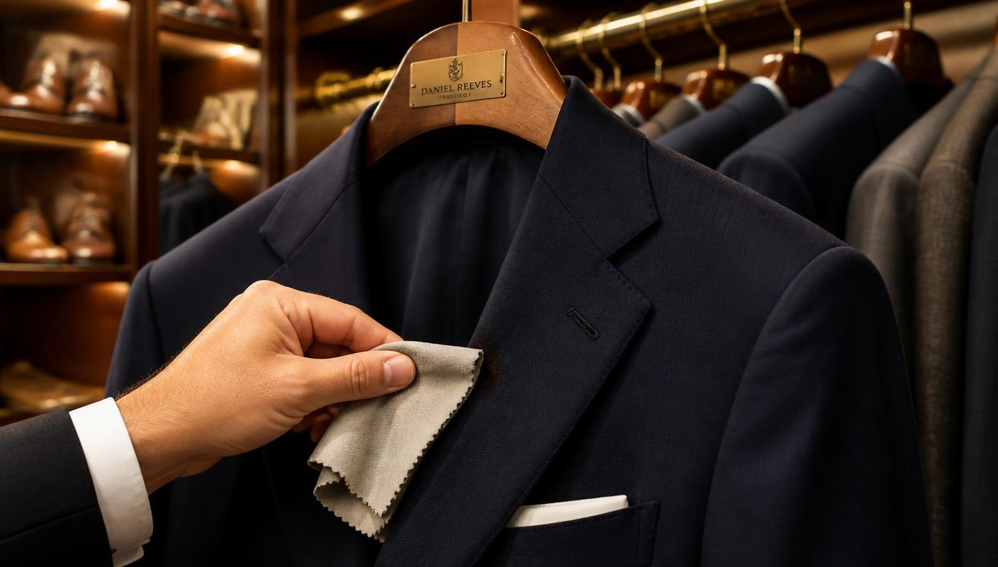 A tailored navy wool suit jacket being spot-cleaned with a soft cloth in a walk-in wardrobe
