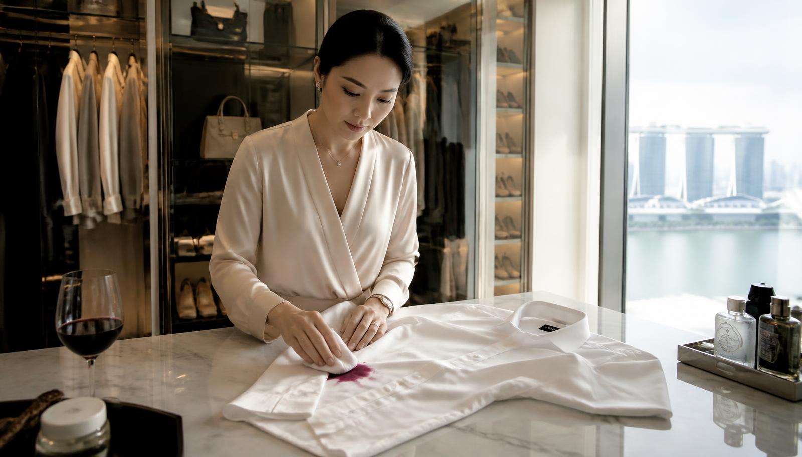 A woman blotting a stain from a white shirt on a marble counter in a luxury dressing room