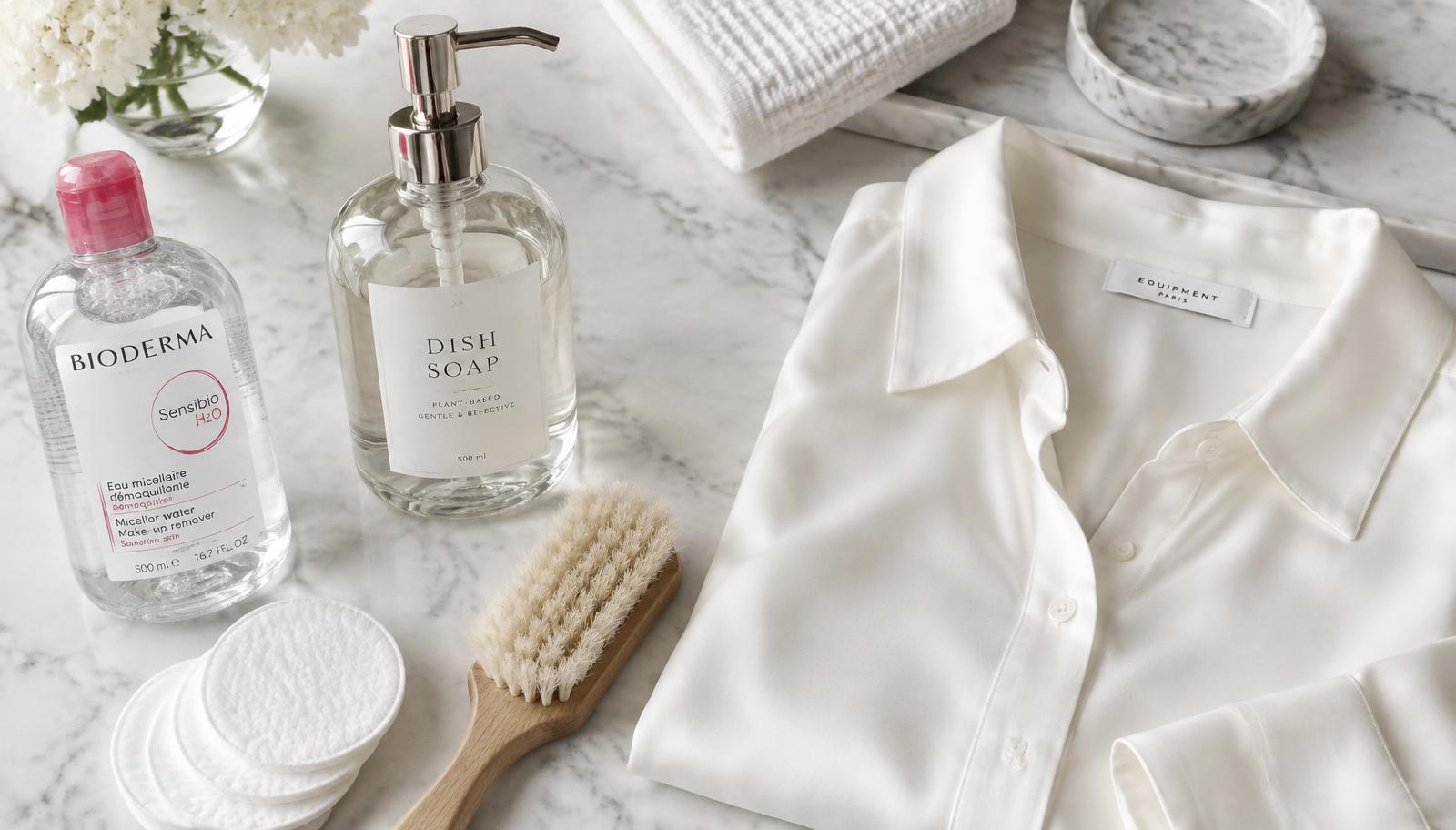 A micellar water, a clear plant-based dish soap, a soft natural-bristle brush, cotton pads and a white shirt on a marble surface