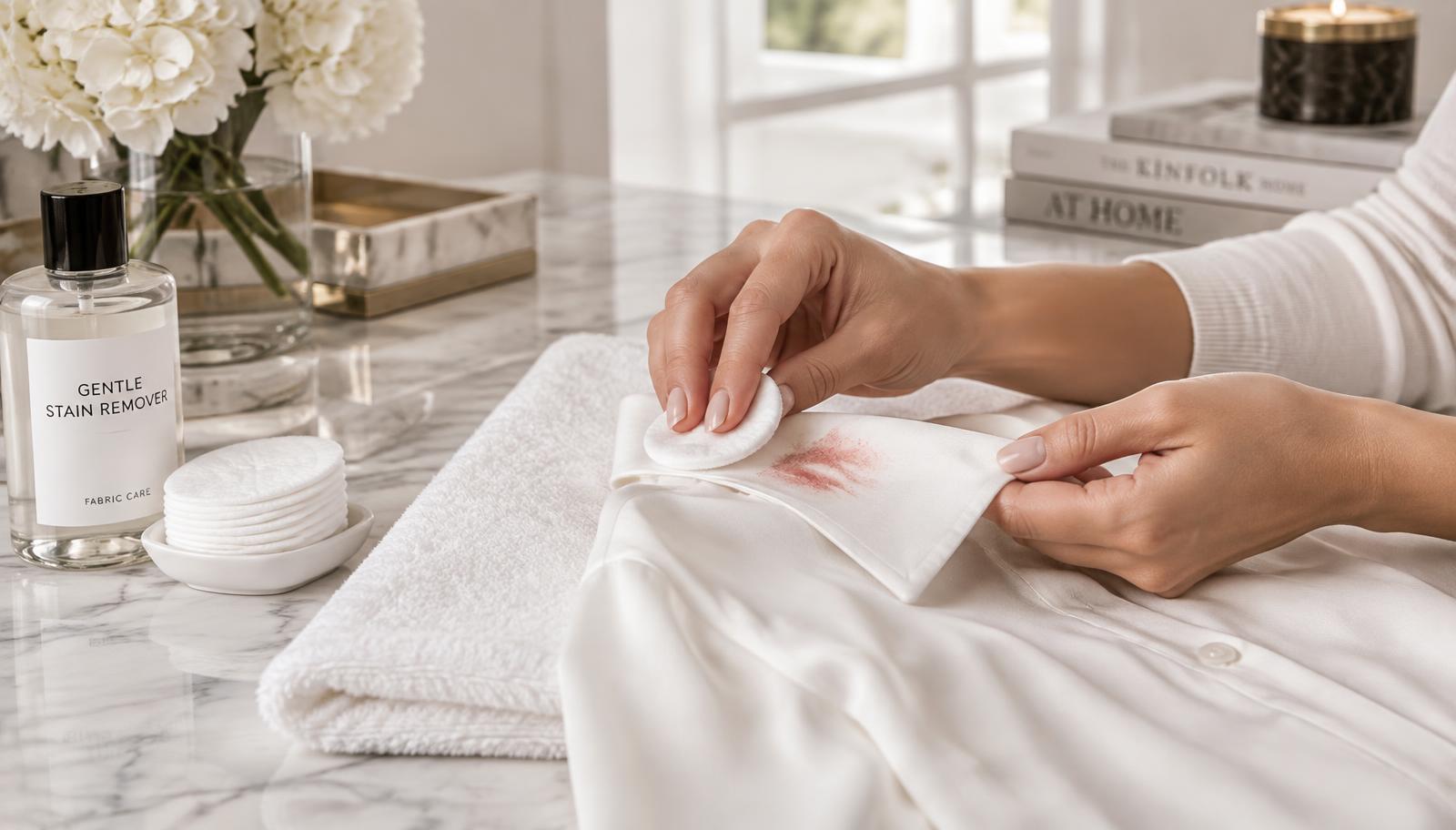 Hands gently dabbing a pink lipstick mark on a white blouse collar with a cotton pad, a white towel beneath the fabric