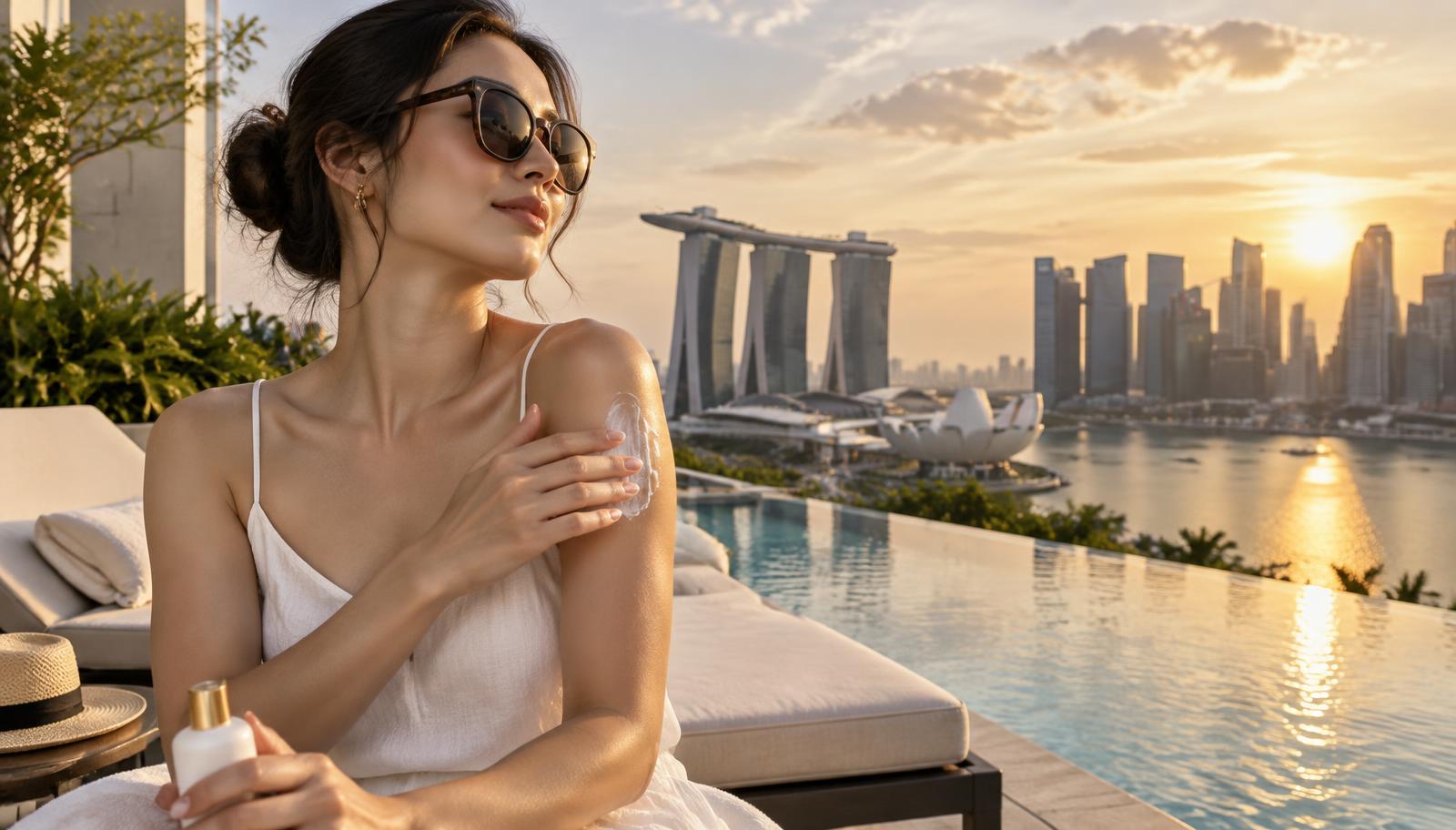 A woman in a white camisole applying sunscreen to her shoulder on a rooftop at sunset overlooking the Singapore skyline