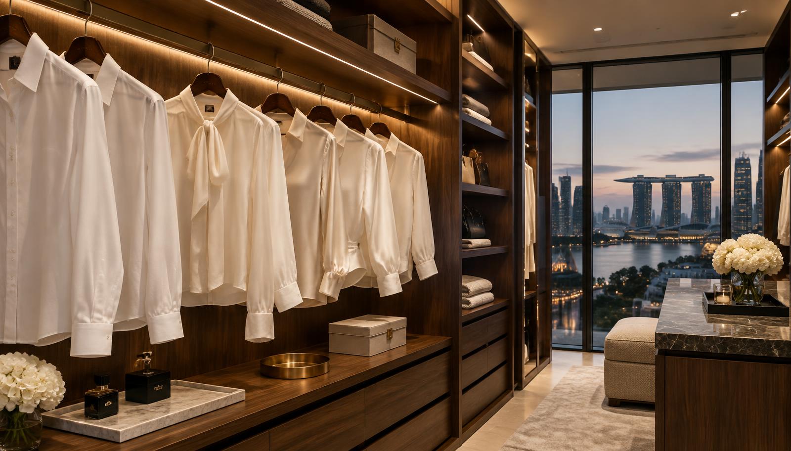 A luxury walk-in wardrobe with a row of immaculate white and ivory blouses and shirts, overlooking the Singapore skyline at dusk