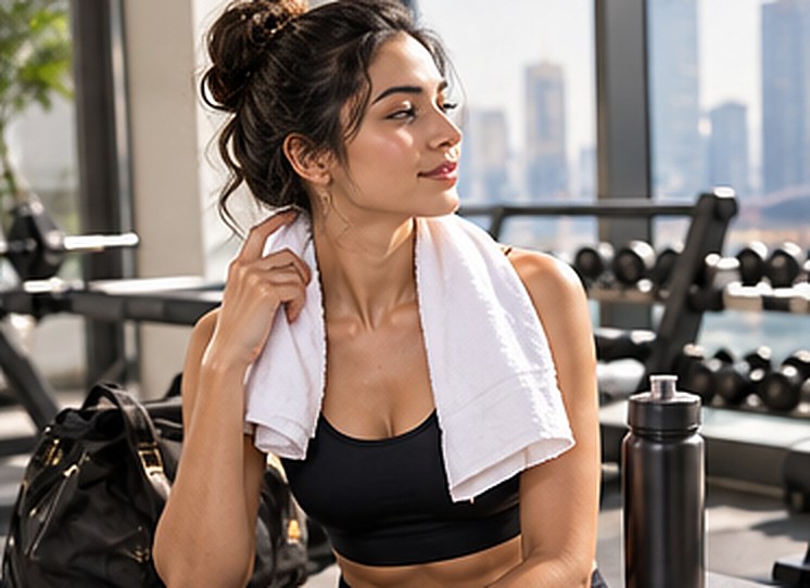 A woman towelling off in a luxury gym with a gym bag and water bottle beside her, with the Singapore skyline through the windows