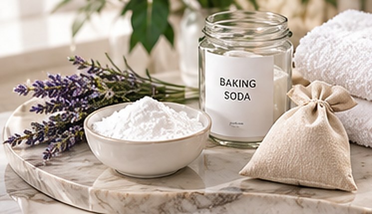 A jar of baking soda, a bowl of baking soda, lavender and a linen sachet on a marble tray beside folded white towels