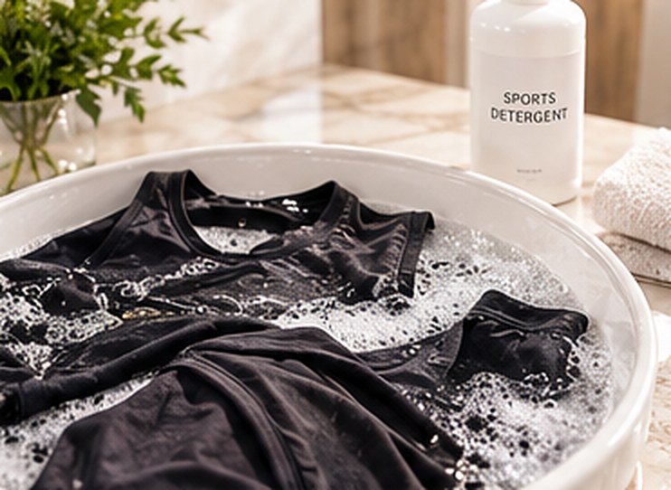Black activewear soaking in a basin of soapy water beside a bottle of sports detergent