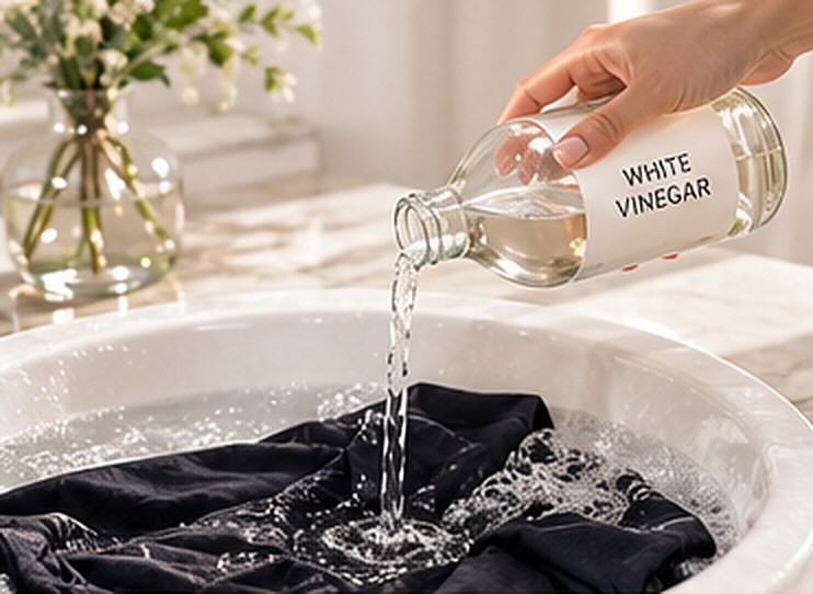 A hand pouring white vinegar into a basin of water over a dark activewear top