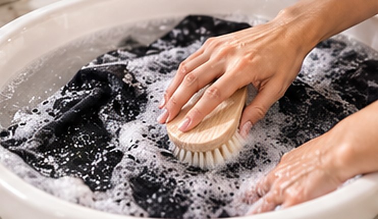 Hands scrubbing dark activewear with a wooden brush in a basin of soapy water