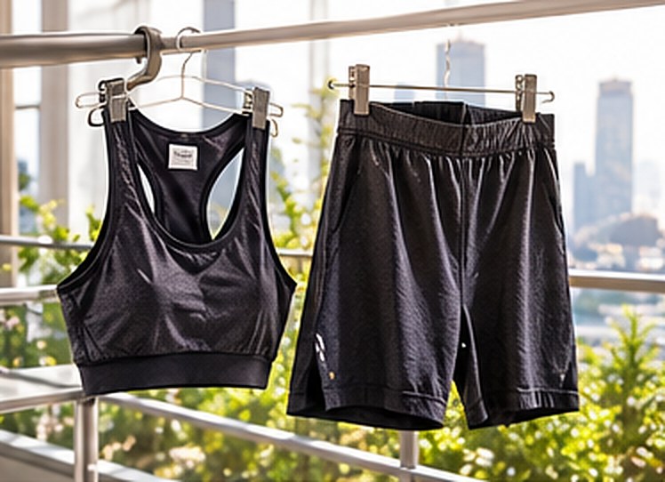 A black sports bra and black shorts hanging from a balcony rail in the open air overlooking the city