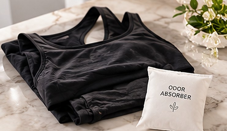 A folded black activewear top and shorts beside a white odour-absorber sachet on a marble surface