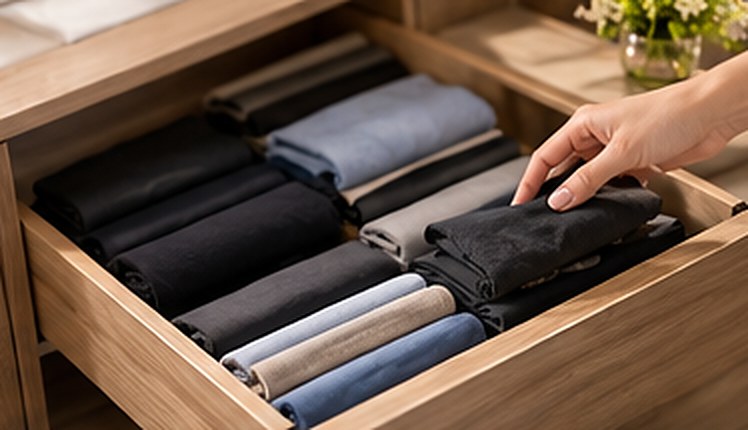 A drawer of neatly folded black, grey and blue activewear arranged in rows
