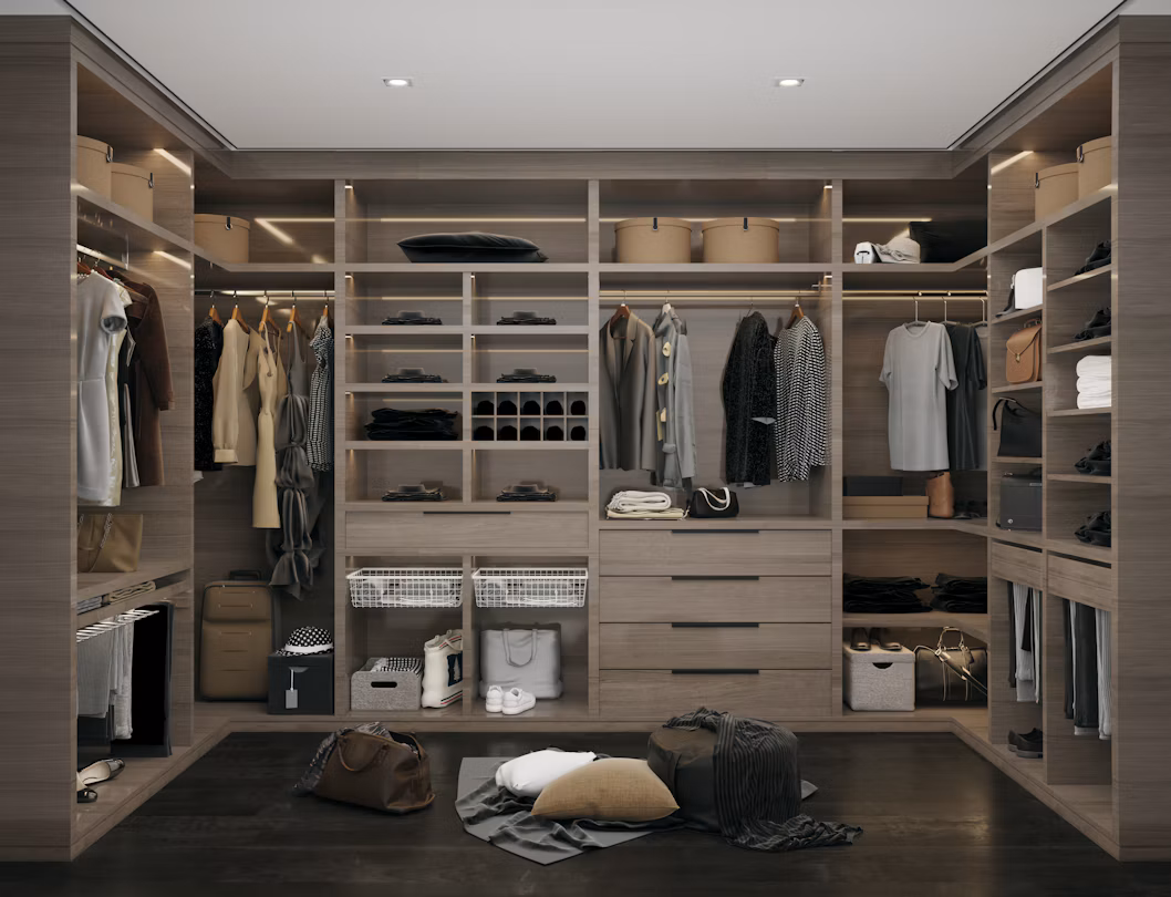 Organised wardrobe with a compact dehumidifier for moisture control
