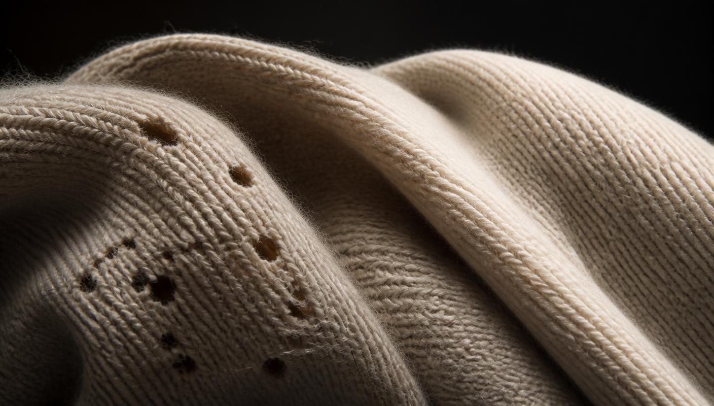 Macro detail of fine wool knit showing small moth damage holes beside pristine wool