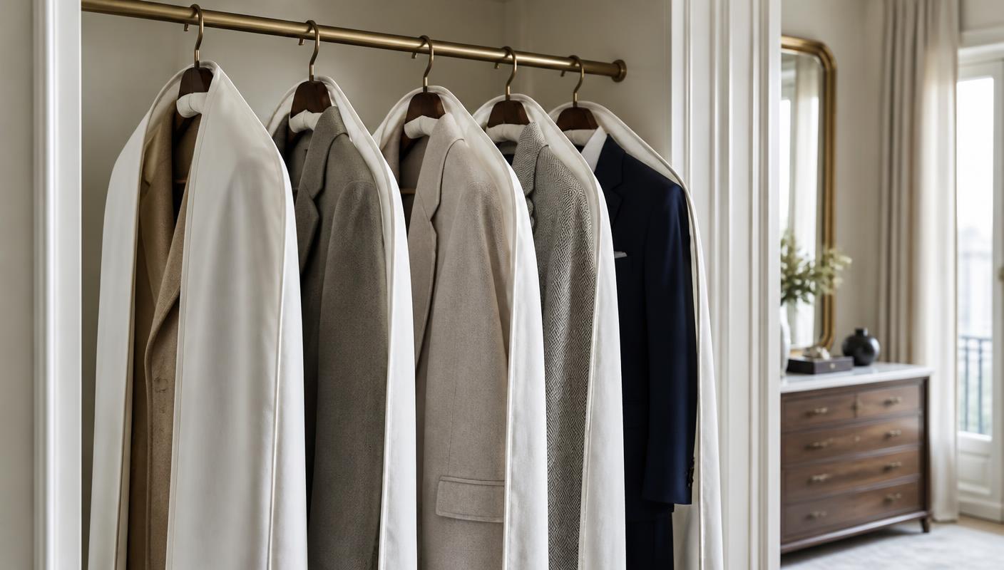 Tailored coats and a navy suit hanging in breathable cotton garment bags on padded hangers