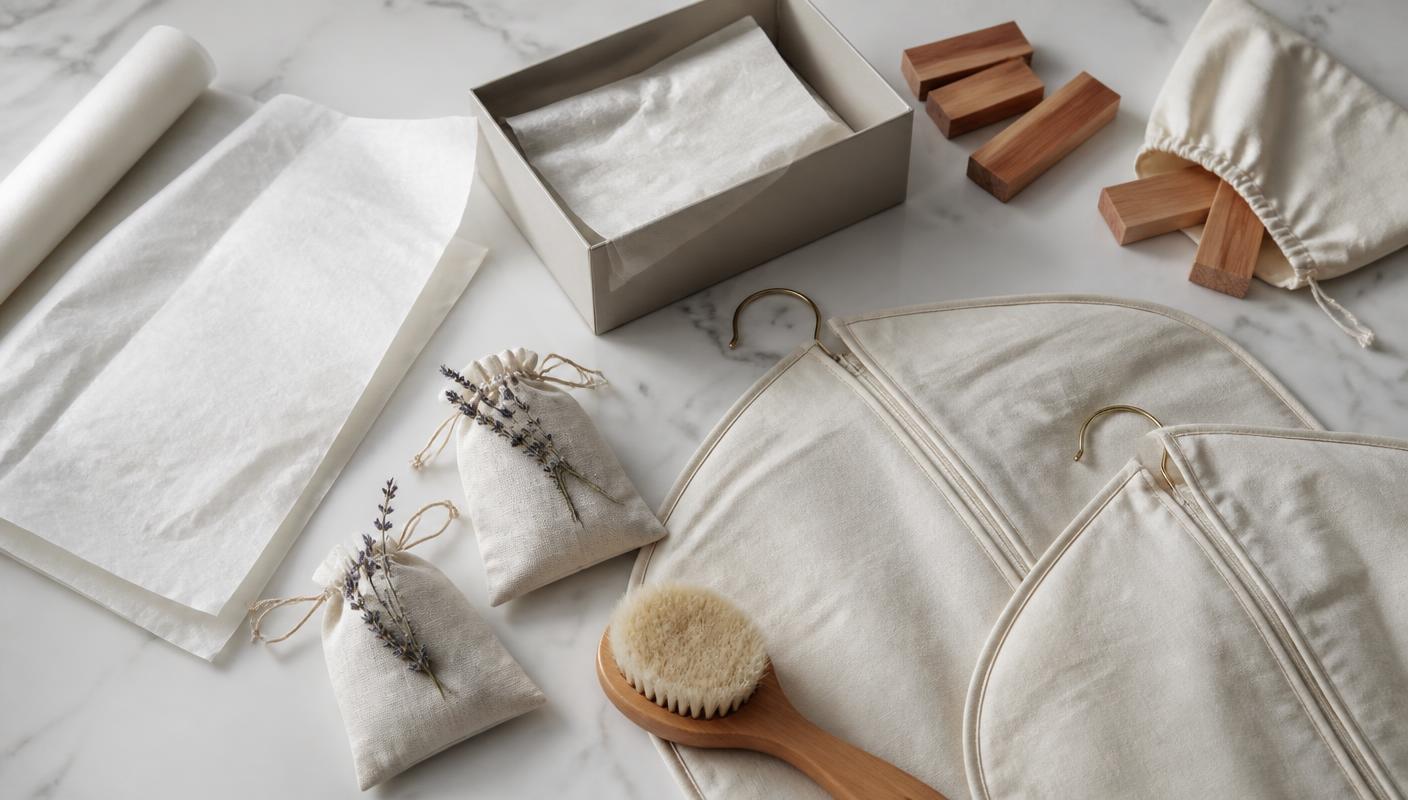 Flat lay of acid-free tissue, cedar blocks, cotton garment bags, lavender sachets and a soft brush on marble