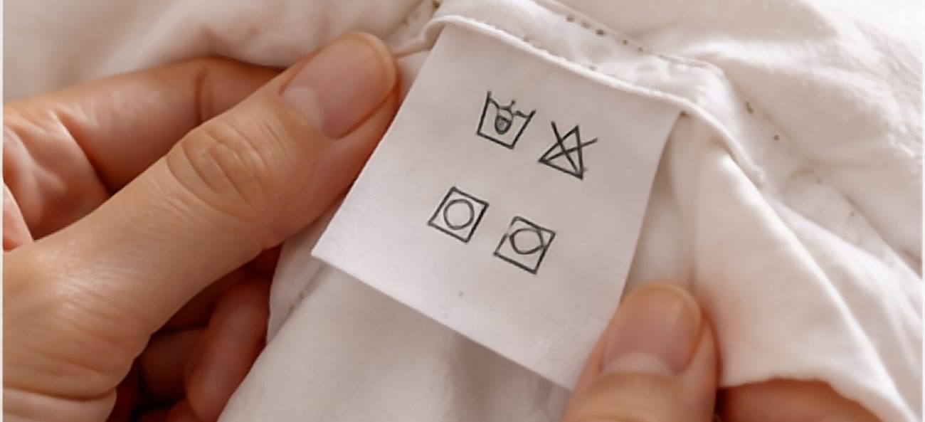 Hands holding a white duvet care label showing four laundry symbols, against a soft white duvet