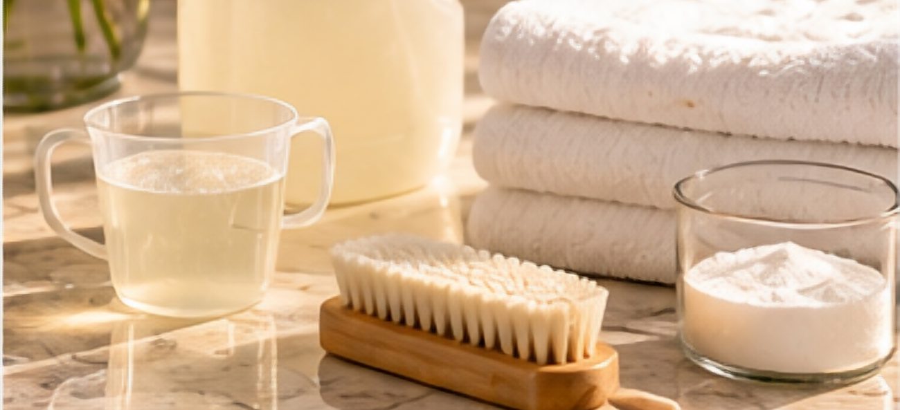 A glass jug of gentle detergent solution, a stack of folded white towels, a soft wooden brush and a glass bowl of baking soda on a marble surface