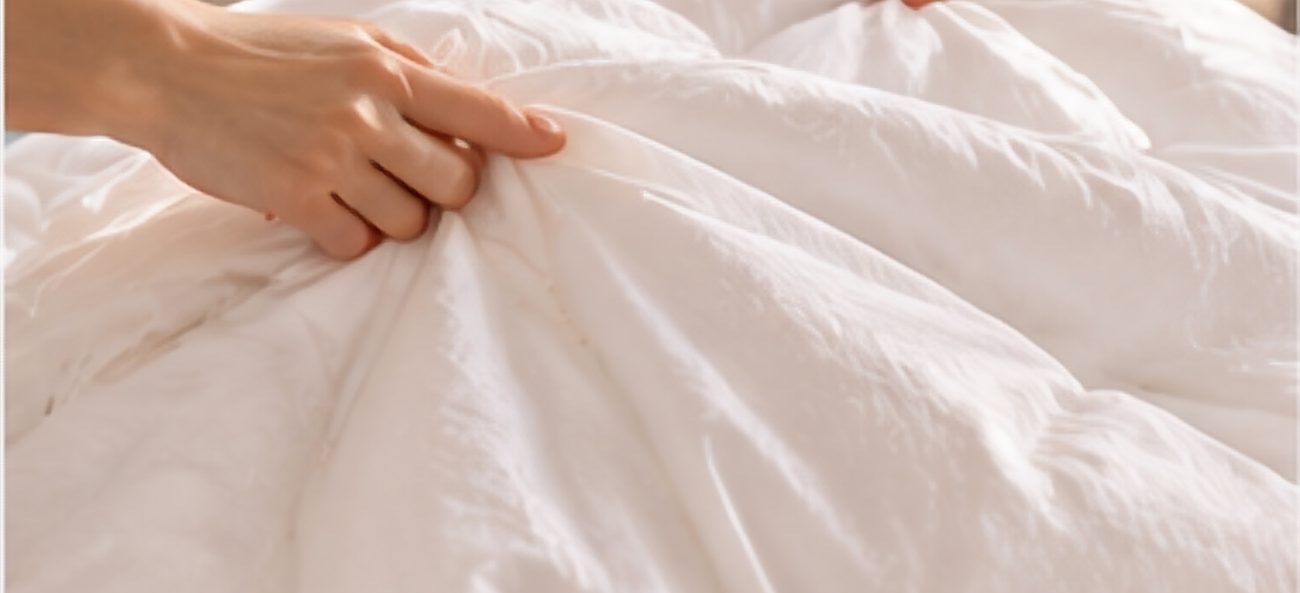 Hands smoothing and plumping a soft white duvet
