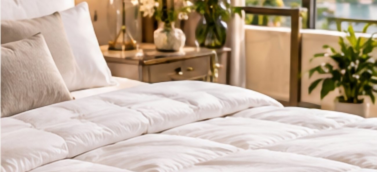 A freshly washed white quilted duvet on a bed in a bright, elegant bedroom with plants and a window beyond