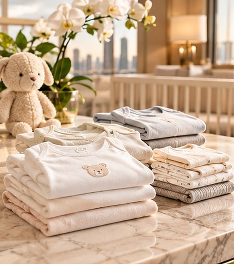 Stacks of folded white and pastel baby bodysuits with a teddy bear embroidered on top, beside a plush toy on a marble surface