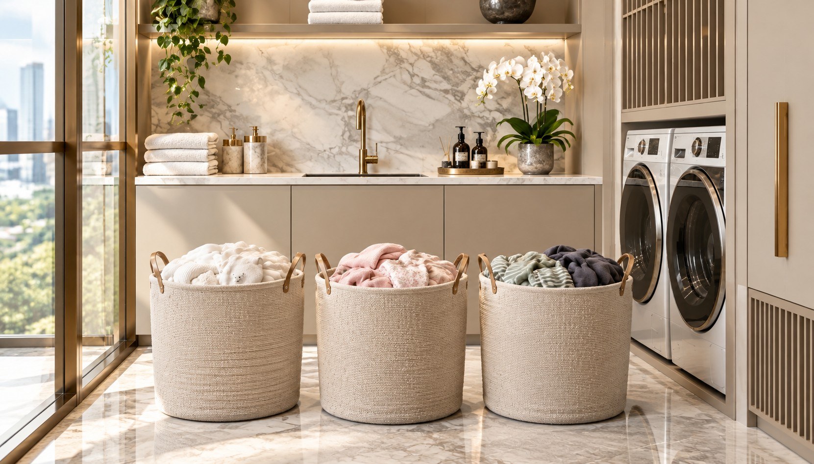 Three woven laundry baskets in a luxury laundry room holding whites and soft toys, pink and pastel pieces, and darker items beside a pair of washing machines