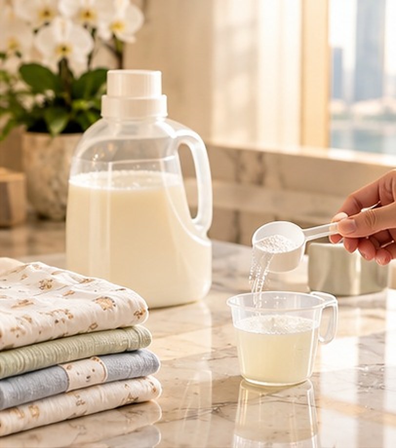 A jug of mild liquid detergent with a measuring scoop and cup beside stacks of folded baby muslins