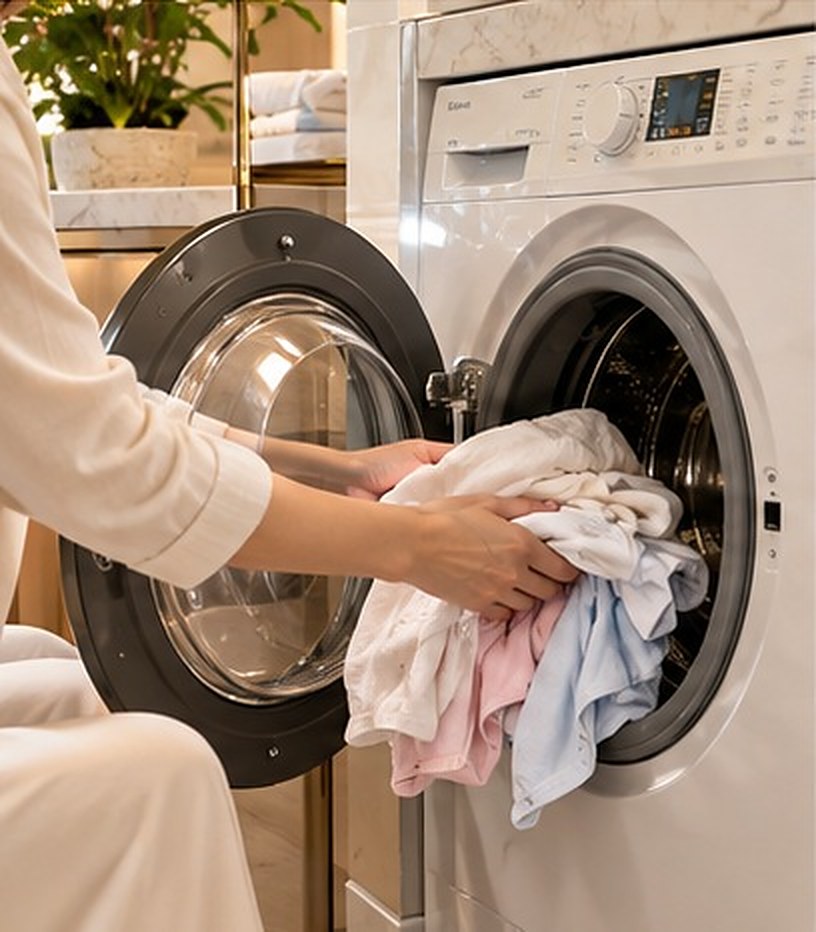 A woman in cream loading soft white and pastel baby clothes into a front-loading washing machine