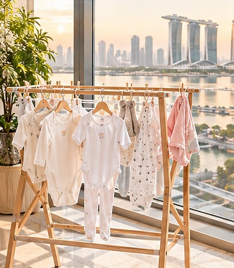 Baby bodysuits and sleepsuits hanging on a wooden drying rack beside a window overlooking the Singapore skyline